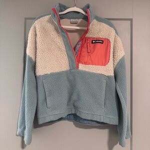 Columbia Sherpa Fleece in Blue and Cream with Coral Accent